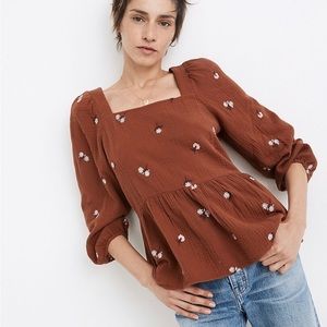 NWT Madewell Amie Floral Embroidered Lightspun Millbrook Puff-Sleeve Peplum Top